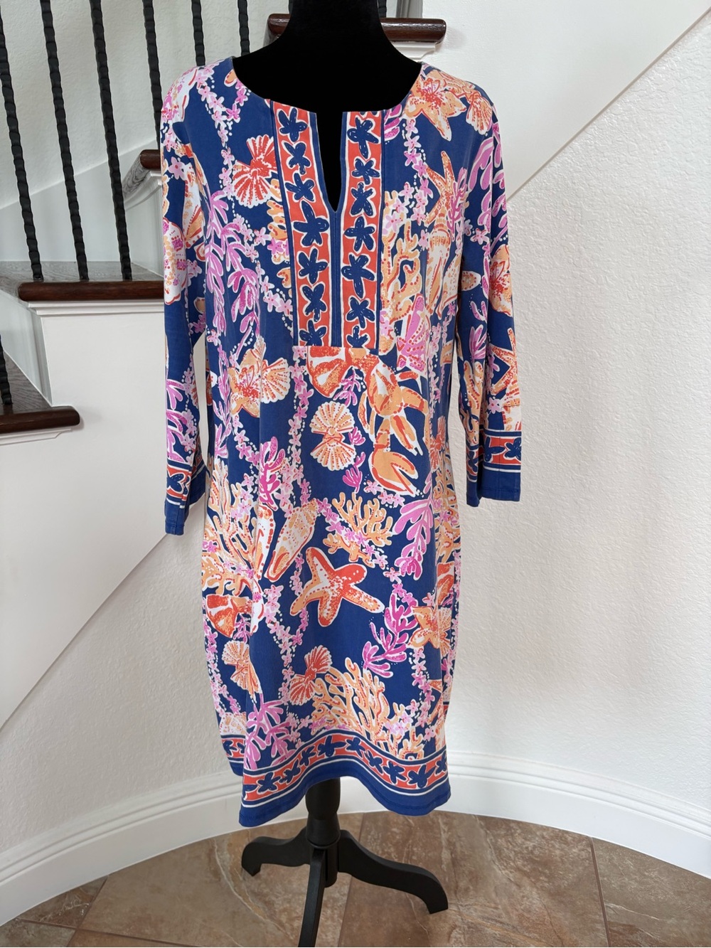 Navy Floral-Print Midi Dress with Pink & Orange Accents